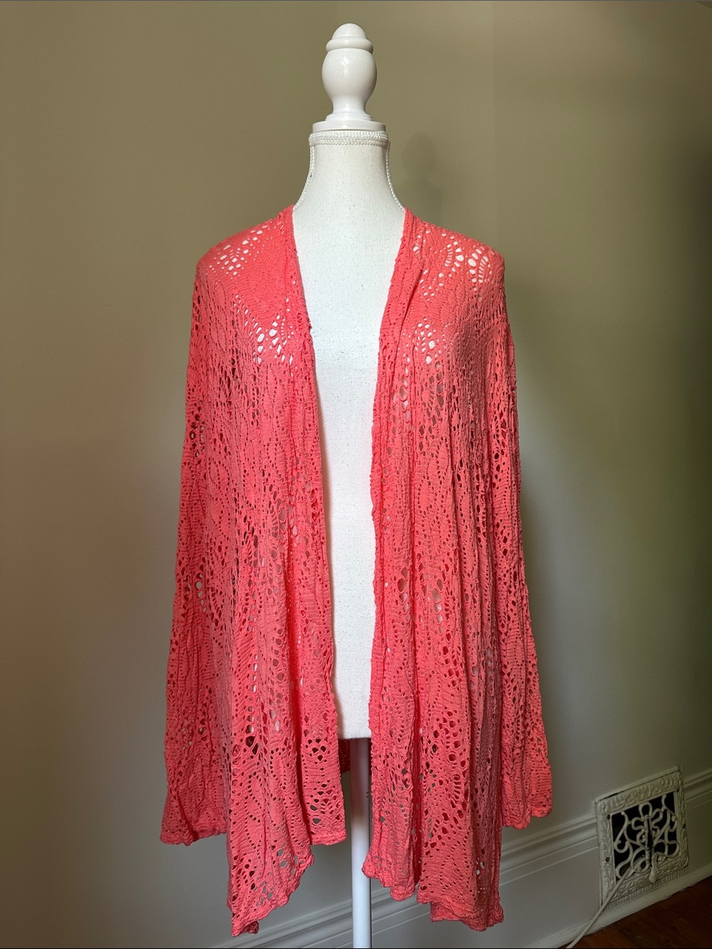 MADE IN ITALY Coral Eyelet Open Front Artsy Boho Summer Beach Cardigan OS